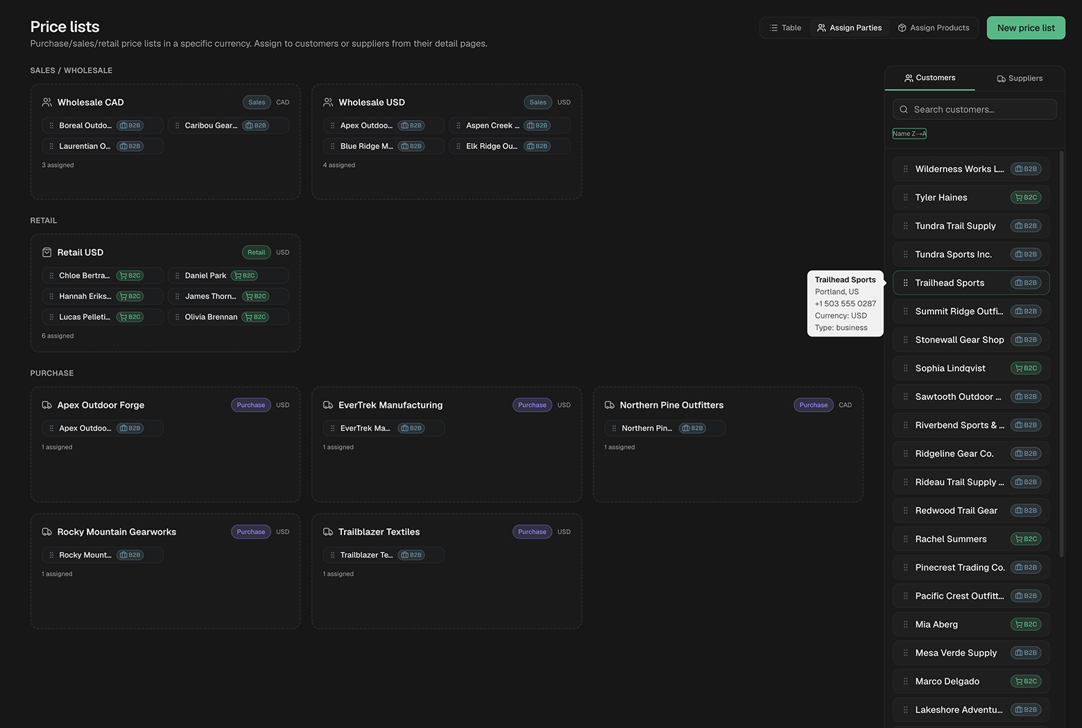 Screenshot: Assign Price Lists