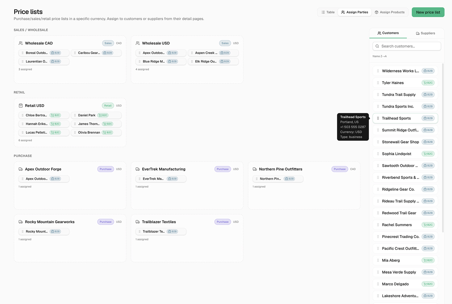 Screenshot: Assign Price Lists