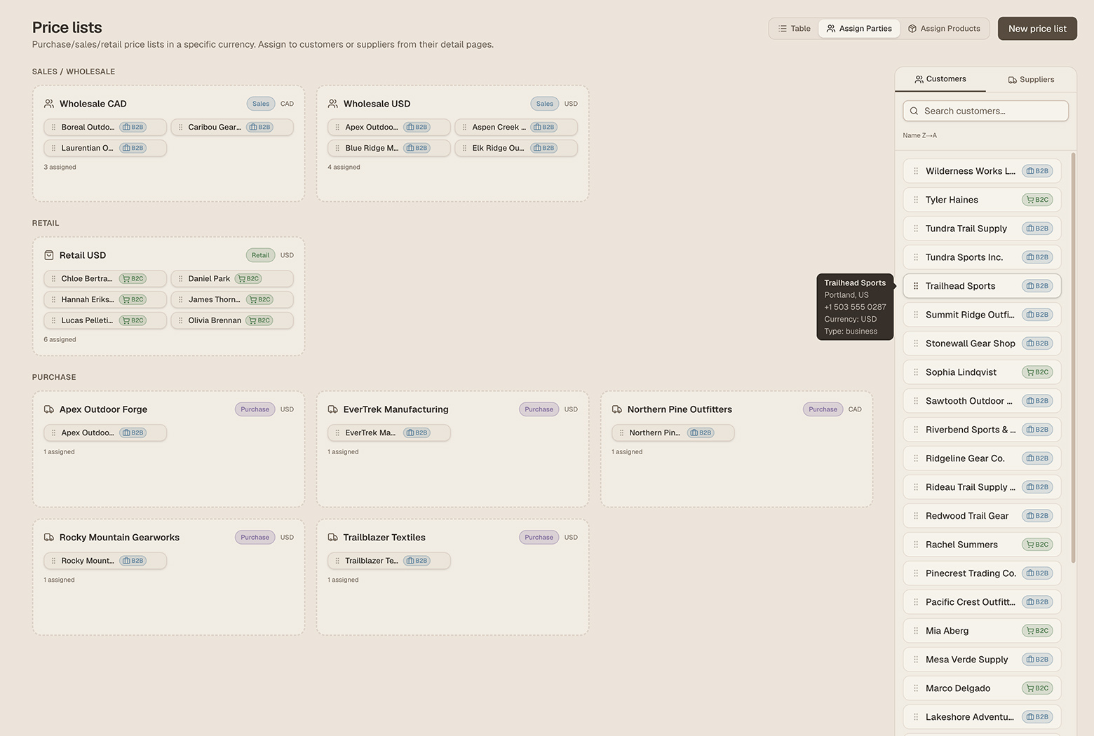 Screenshot: Assign Price Lists