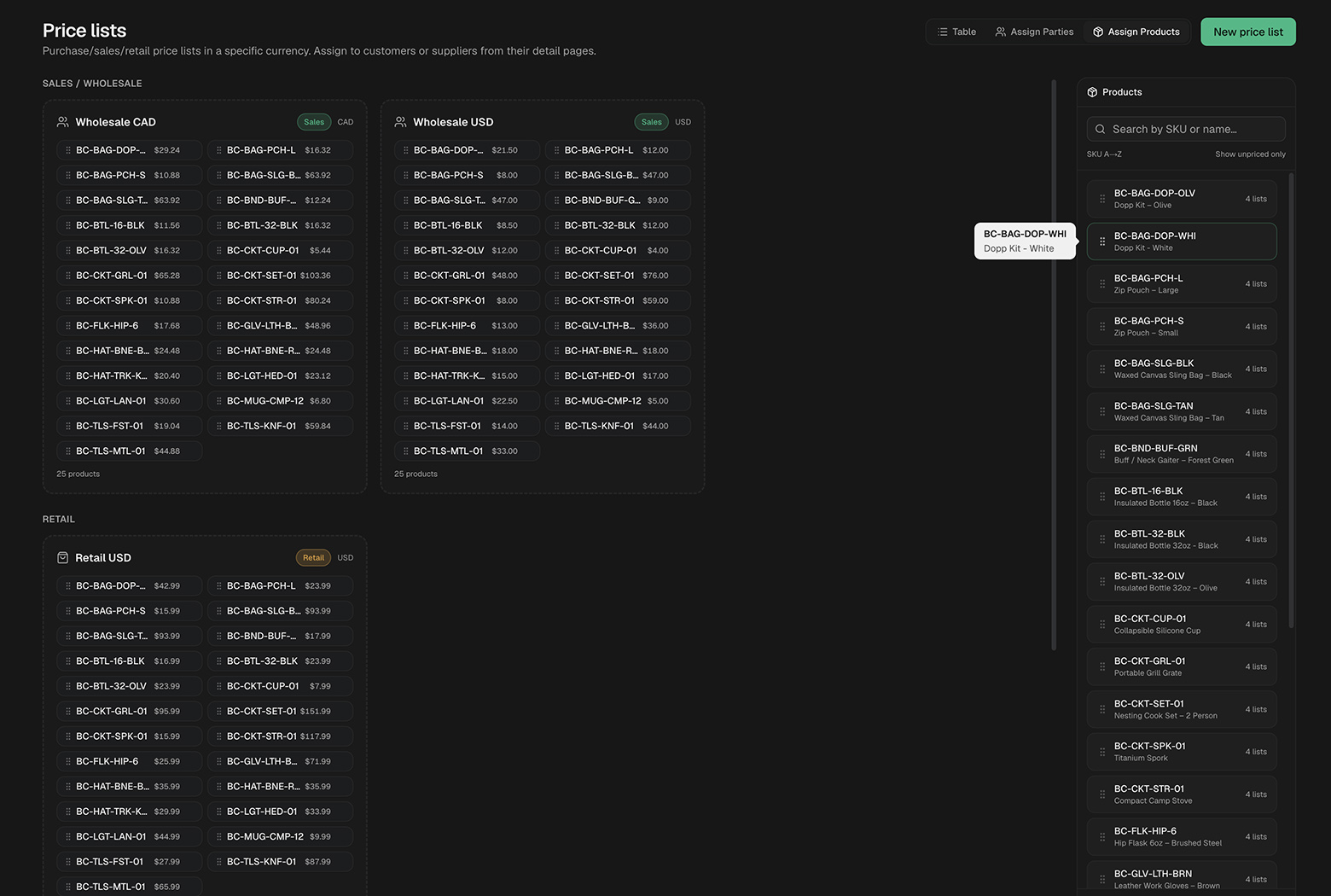 Screenshot: Product Price Lists