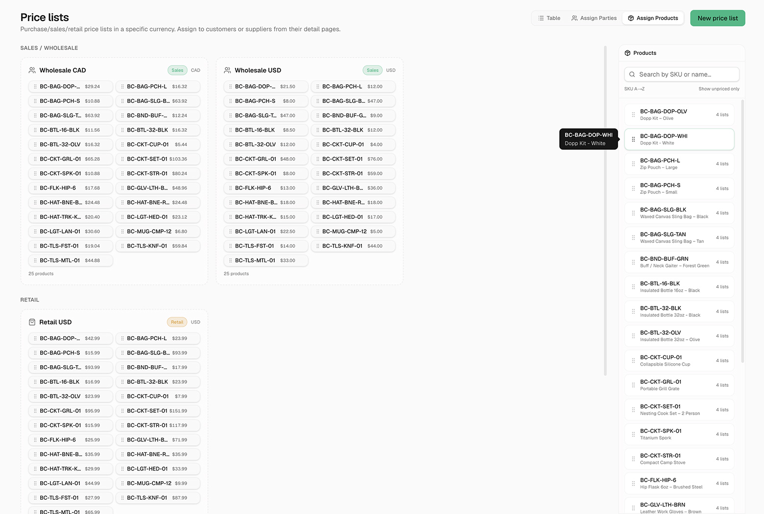 Screenshot: Product Price Lists