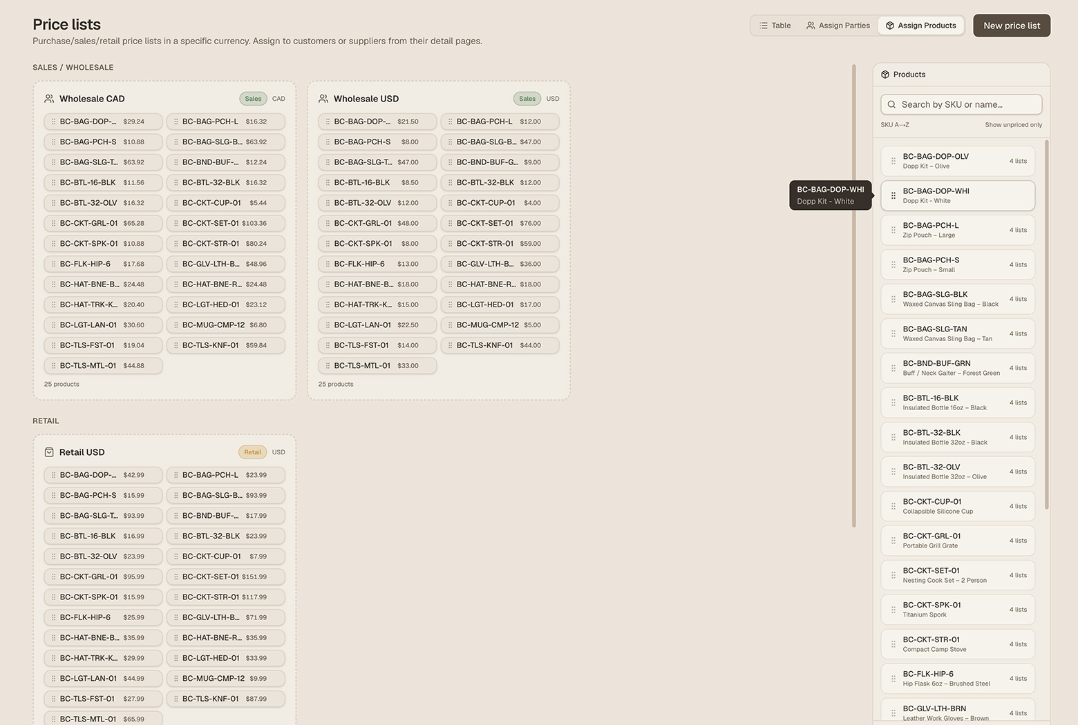 Screenshot: Product Price Lists