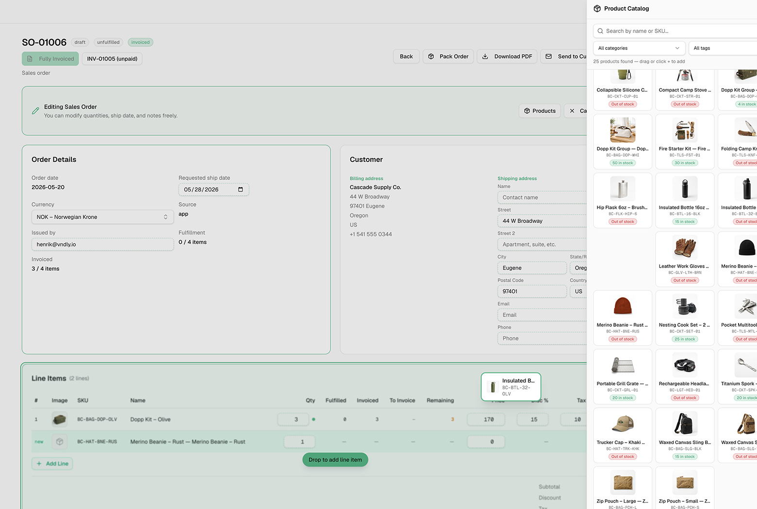Screenshot: Reorderable Line Items
