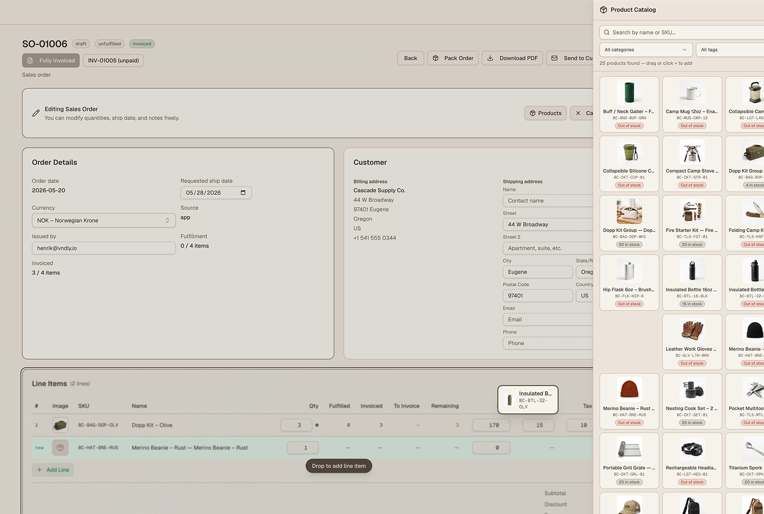 Screenshot: Reorderable Line Items